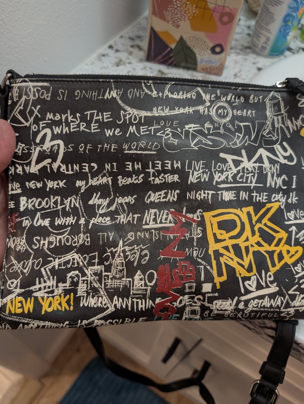 DKNY Black Graffiti Logo Crossbody with Yellow & Red Accents